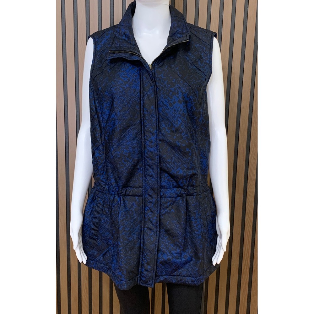 Coldwater Creek Blue Black Quilted Zip Front Vest Elastic Waist Large 14-16